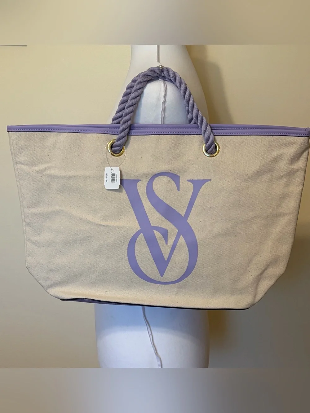Victoria's Secret Cream and Lavender Canvas Tote Bag